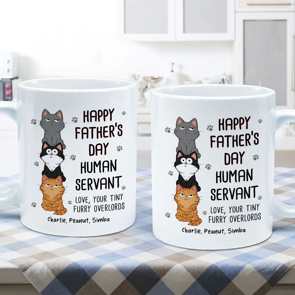 Happy Father's Day Human Servant Stacked Cats Funny Gift For Cat Lover Personalized Mug