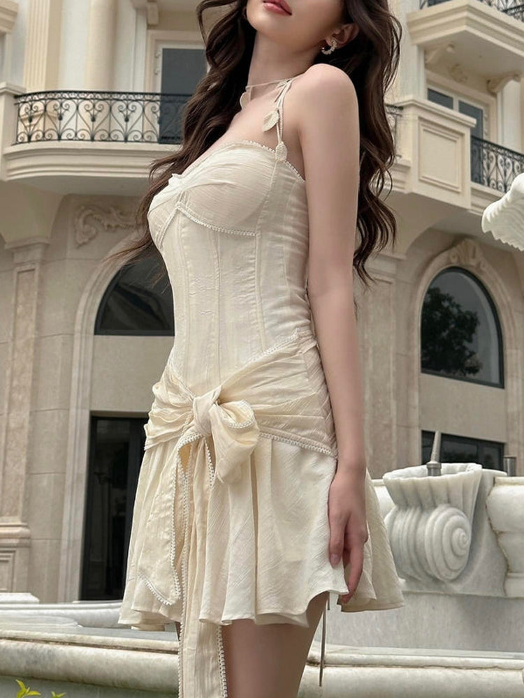 Halter Bow Front Tie A-line Mini Dress