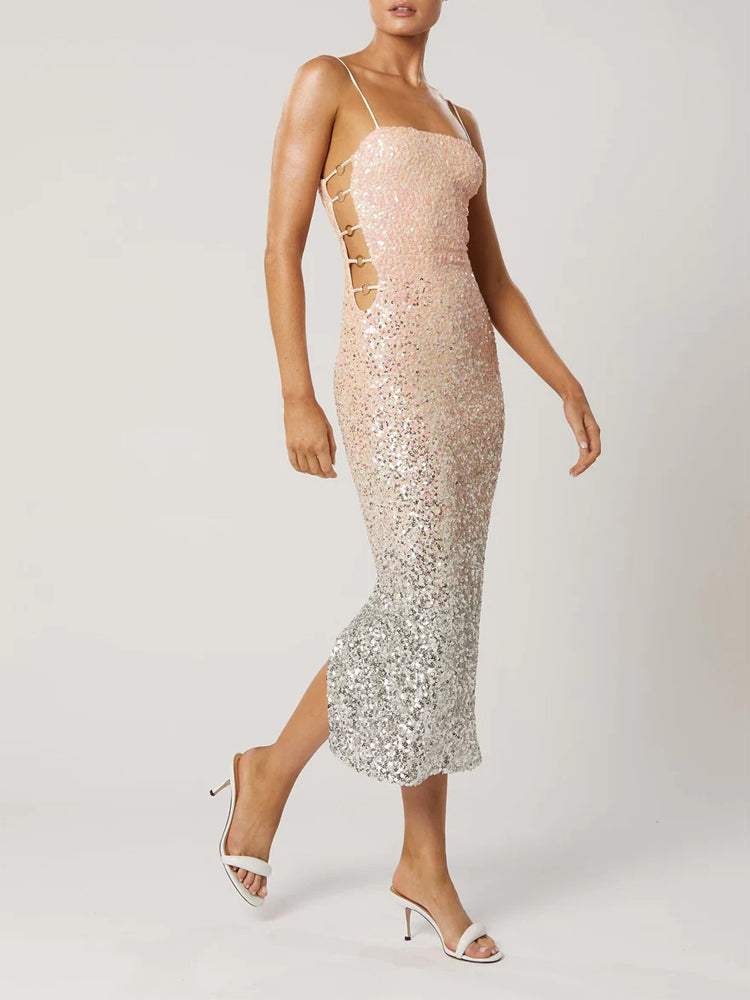 Gradient Silver Pink Sequin Cutouts Back Slit Midi Dress