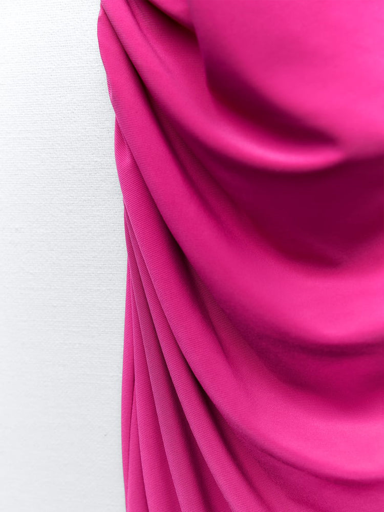 Deeppink Draped Neck Thin Double Straps Midi Dress