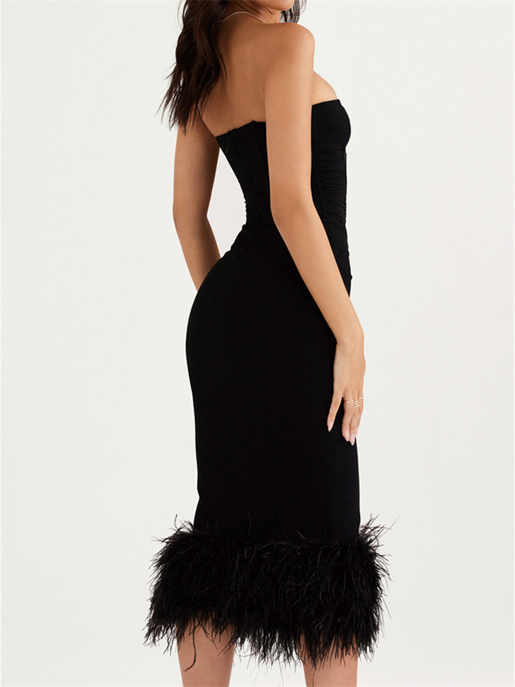 Strapless Feather Trim Midi Prom Black Dress