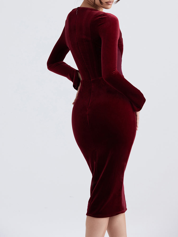 Wine Velvet Corset Lace Trim Long Sleeve Midi Dress