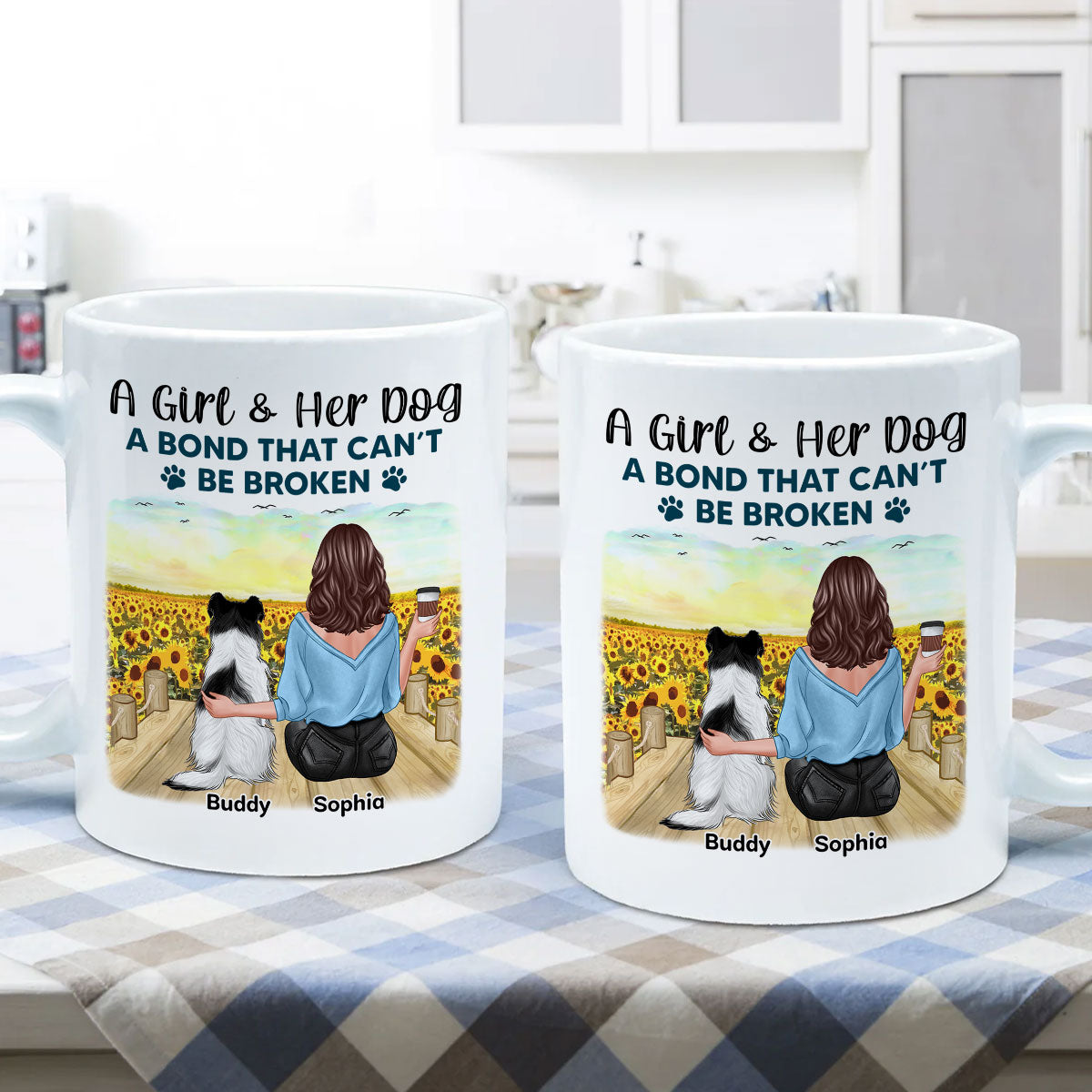 Girl & Dogs Bond Can't Be Broken Sunflower Field Personalized Mug