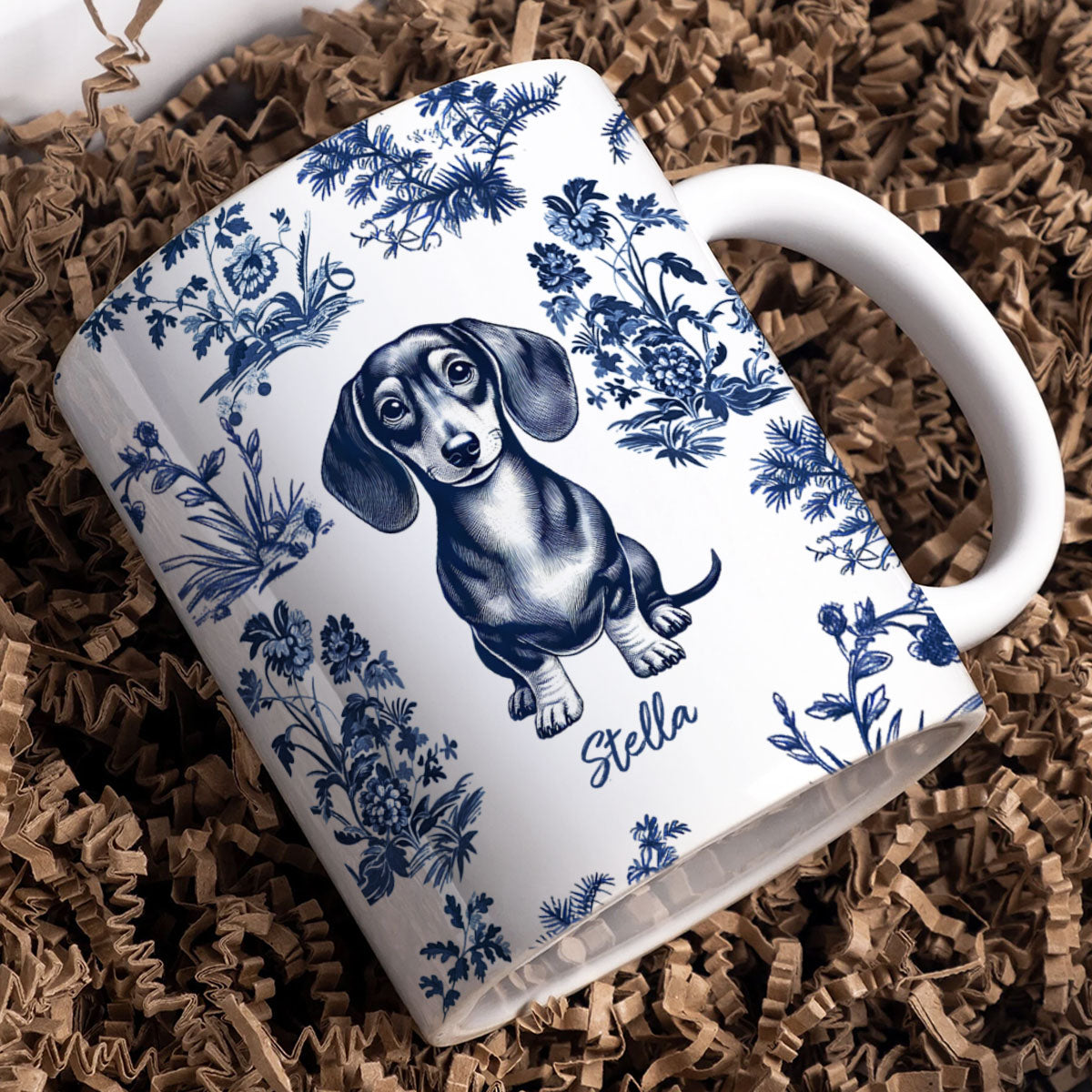 Vintage Blue Floral Pattern Dogs Personalized Mug, Gift For Dog Lovers