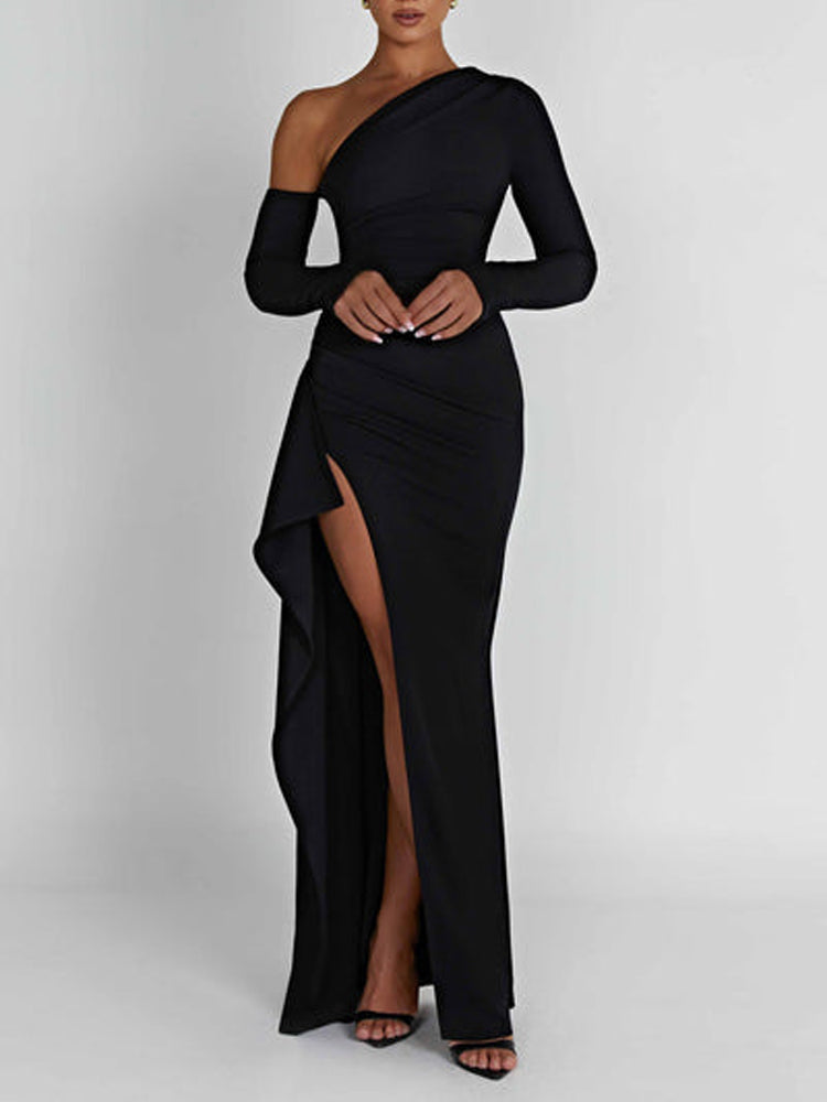 Asymmetric One Shoulder High Slit Drape Maxi Dress