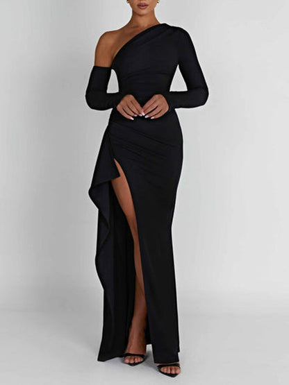 Asymmetric One Shoulder High Slit Drape Maxi Dress