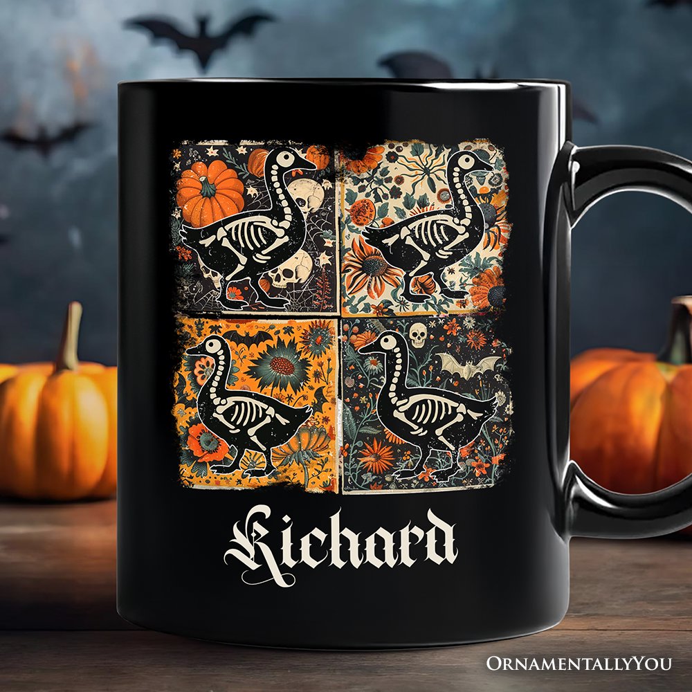 Skeleton Goose Patchwork Personalized Mug, Floral Halloween Gift with Custom Name
