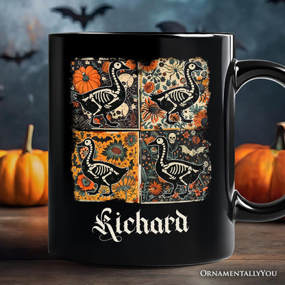 Skeleton Goose Patchwork Personalized Mug, Floral Halloween Gift with Custom Name