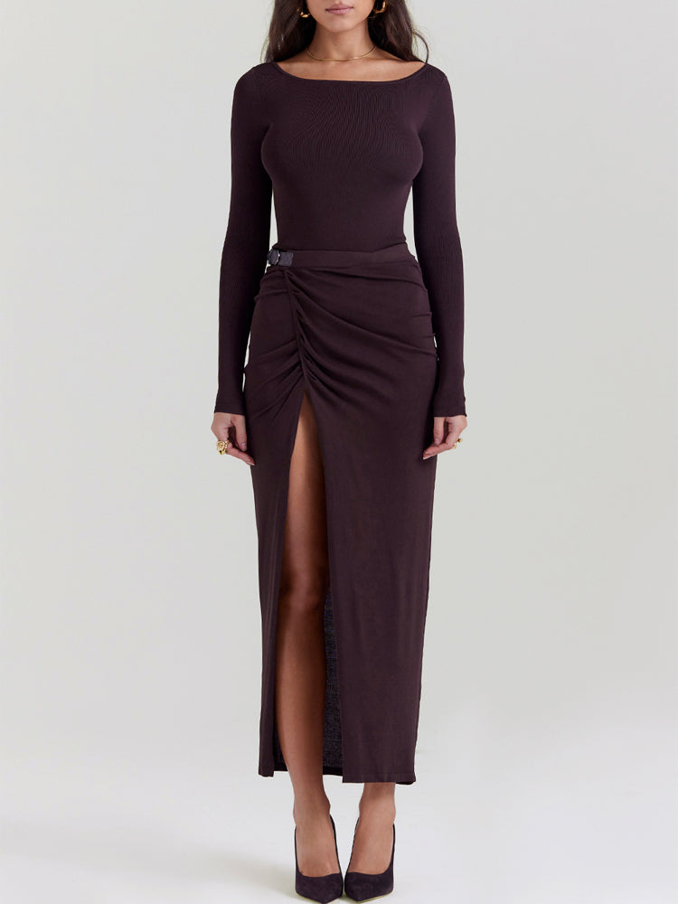 Knit Long Sleeve High Split Open Back Maxi Dress