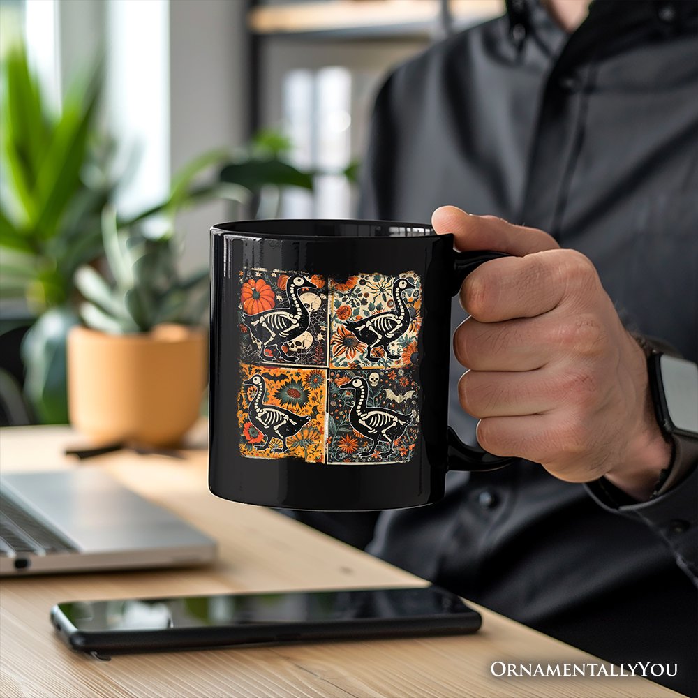 Skeleton Goose Patchwork Personalized Mug, Floral Halloween Gift with Custom Name