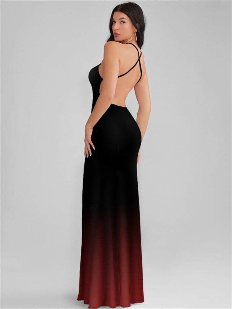 CATALINA Black Gradient Print Backless Plunge Maxi Dress