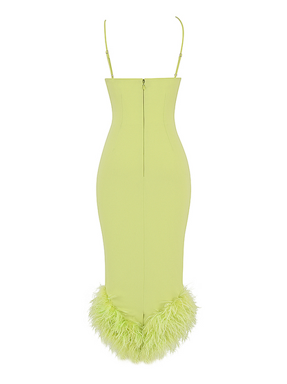 Asymmetric Neckline Feather Trim Midi Dress