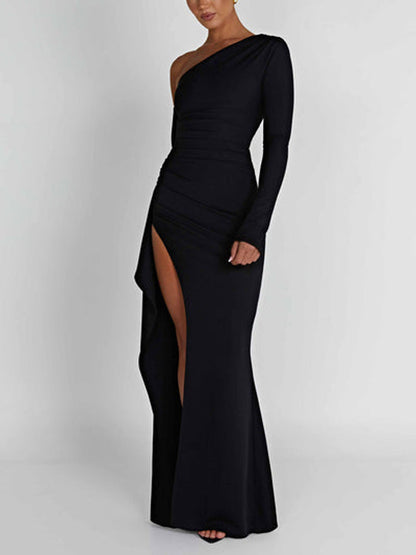 Asymmetric One Shoulder High Slit Drape Maxi Dress