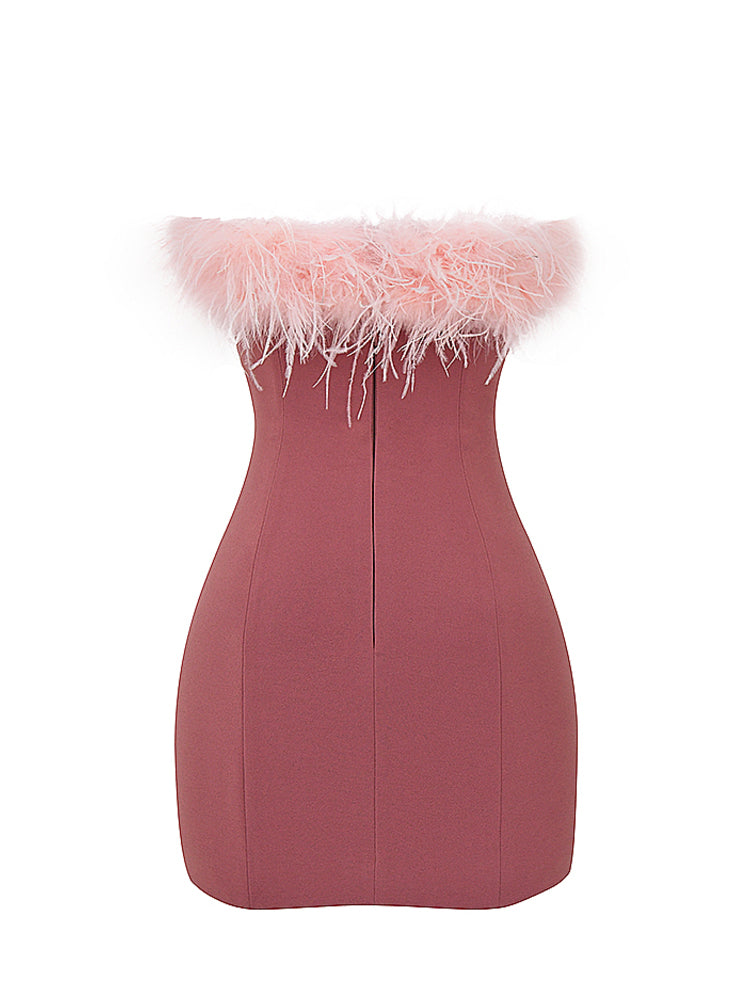 Pink Feather Trim Strapless Mini Dress
