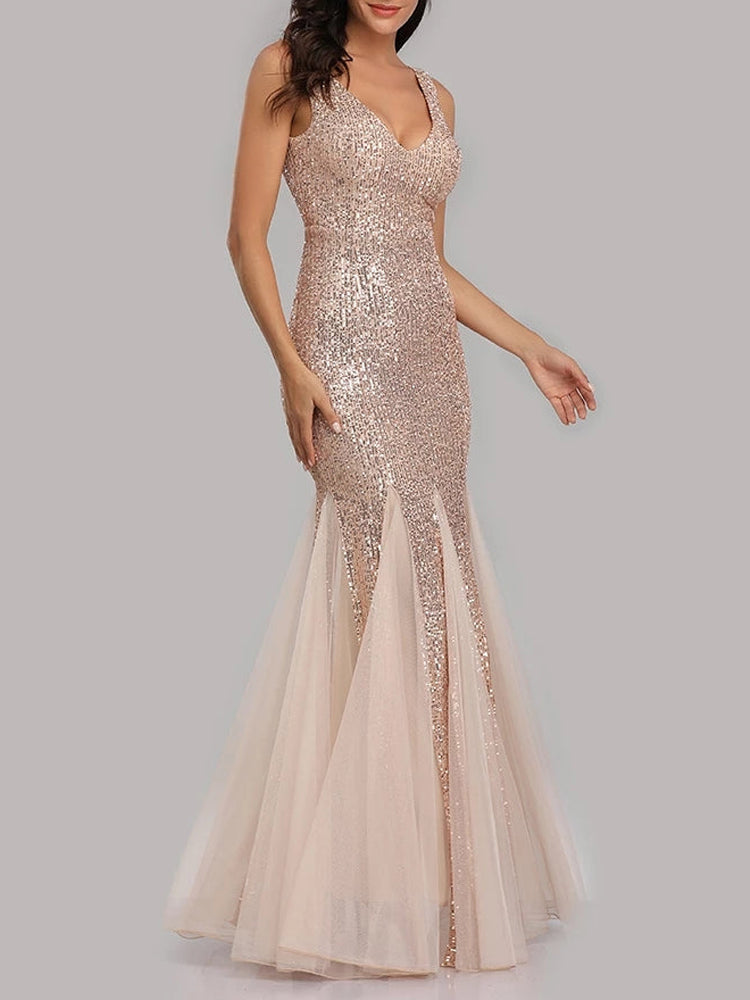 Sequin Tulle V-Neck Mermaid Floor Length Prom Dresses