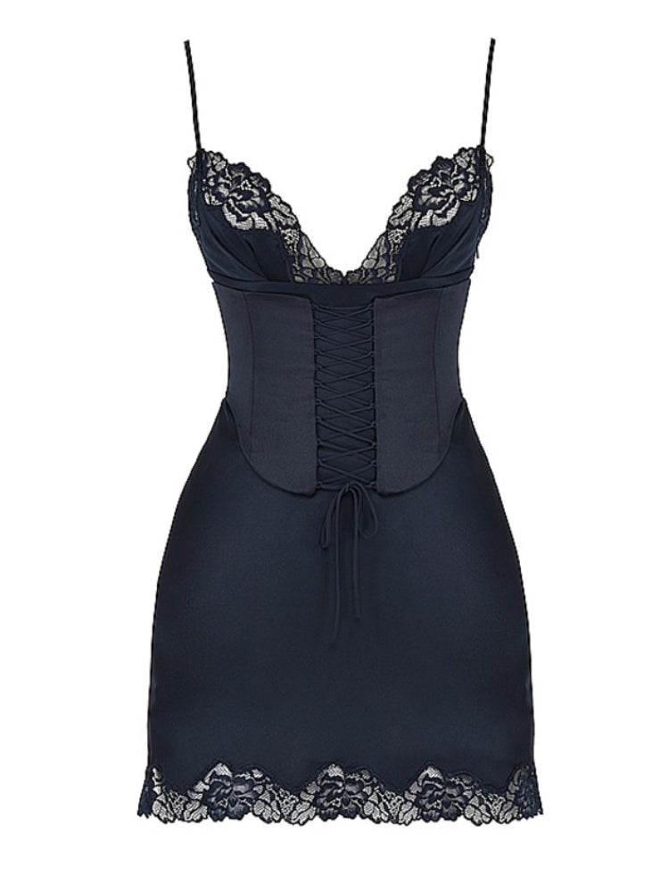 Sleeveless Lace Satin Slip Mini Dress
