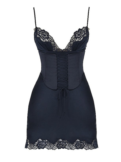 Sleeveless Lace Satin Slip Mini Dress