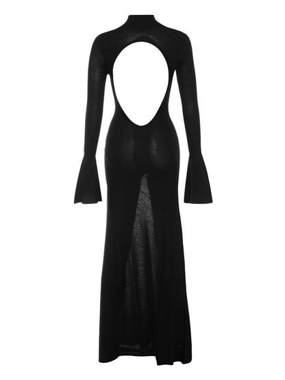 Black Knit Fluted Sleeves Backless Sheer Maxi Dress