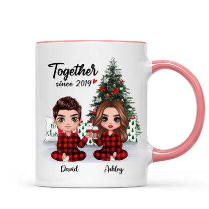 Pajama Doll Couple Sitting Beside Christmas Tree Personalized Mug