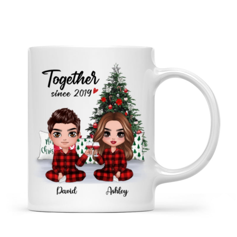 Pajama Doll Couple Sitting Beside Christmas Tree Personalized Mug