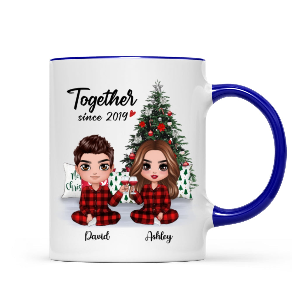 Pajama Doll Couple Sitting Beside Christmas Tree Personalized Mug