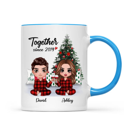Pajama Doll Couple Sitting Beside Christmas Tree Personalized Mug