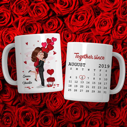 Be Mine Doll Couple Kissing Calendar Personalized Mug - Gift For Him Gift For Her
