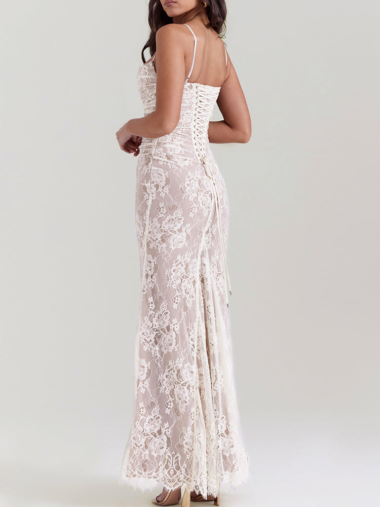 Wedding Vintage Cream Lace Maxi Dress With Gloves