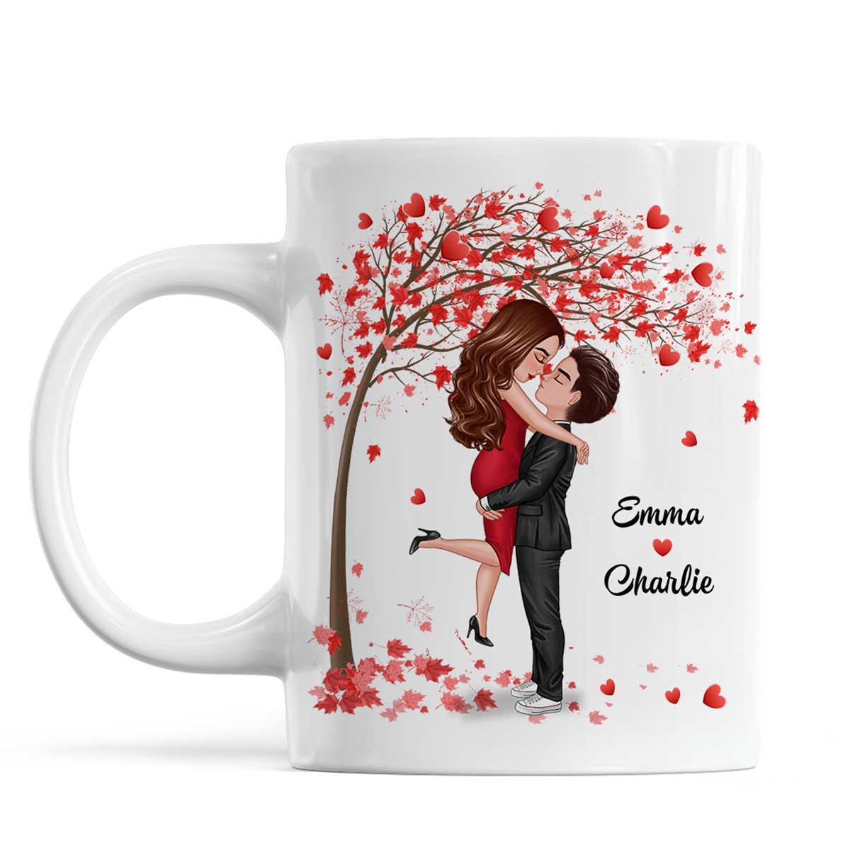 Hugging Doll Couple Under Red Tree Anniversary Gift For Him For Her Personalized Mug