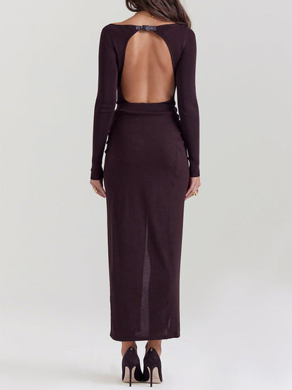 Knit Long Sleeve High Split Open Back Maxi Dress