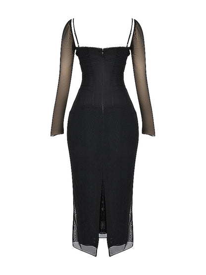 Black Mesh Long Sleeves Lace Trim Maxi Dress