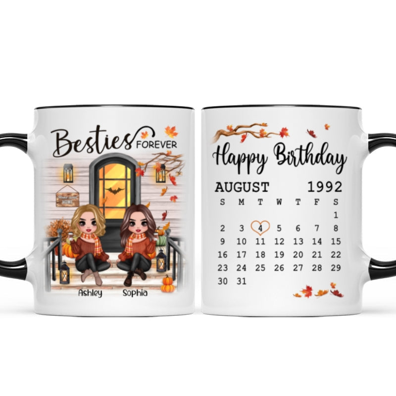 Besties Sisters Forever Happy Birthday Calendar Doll Girl Sitting Fall Season Front Porch Personalized Mug