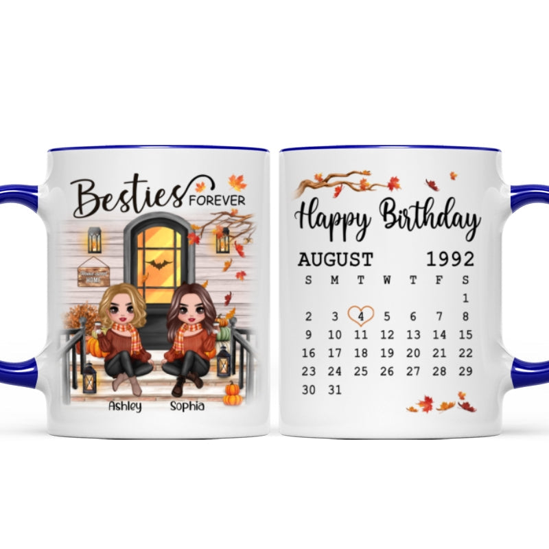 Besties Sisters Forever Happy Birthday Calendar Doll Girl Sitting Fall Season Front Porch Personalized Mug
