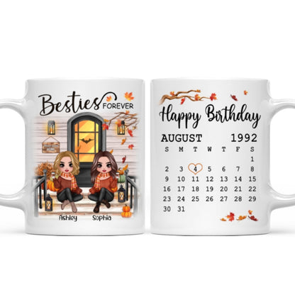 Besties Sisters Forever Happy Birthday Calendar Doll Girl Sitting Fall Season Front Porch Personalized Mug