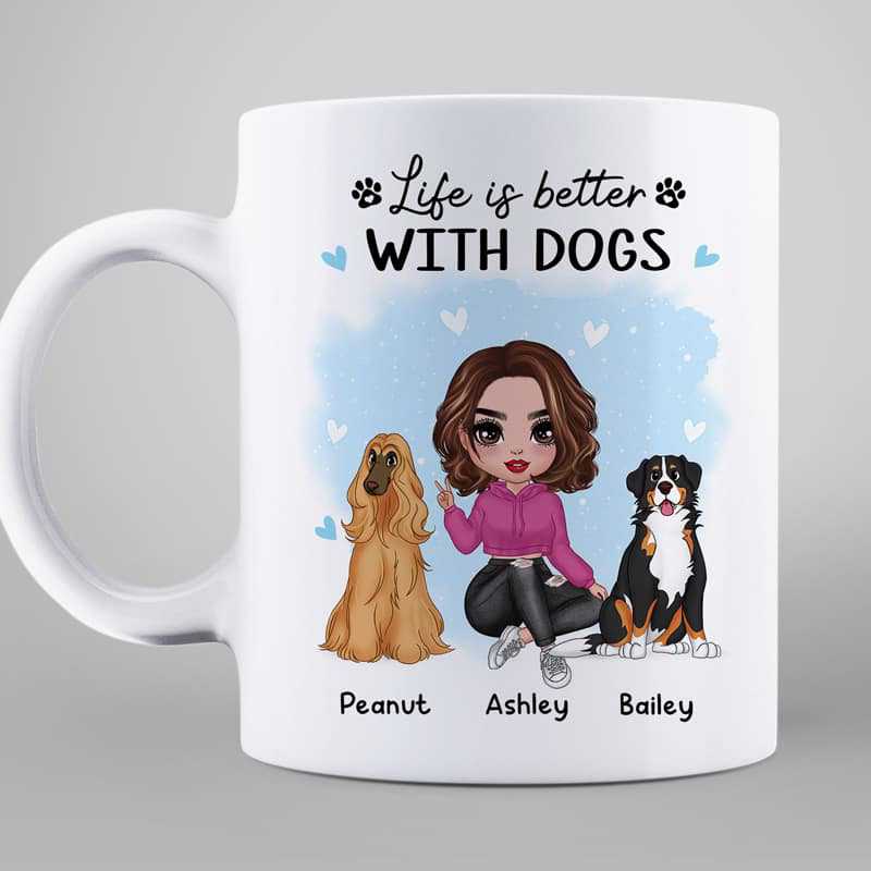 Blue Watercolor Doll Woman And Dogs Personalized Mug