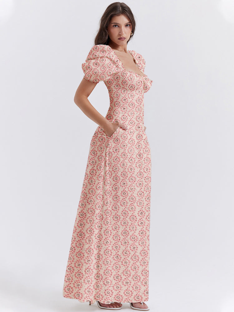 Floral Print Square Neckline Puff Sleeves Maxi Dress