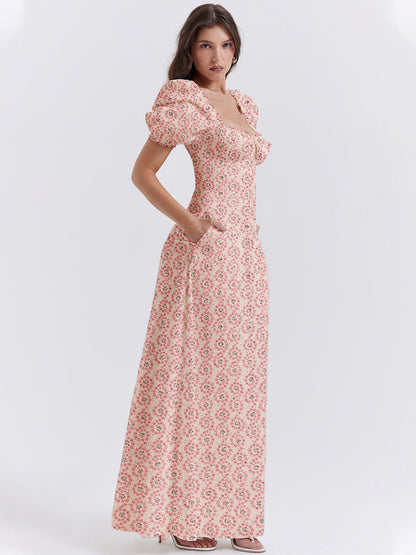 Floral Print Square Neckline Puff Sleeves Maxi Dress