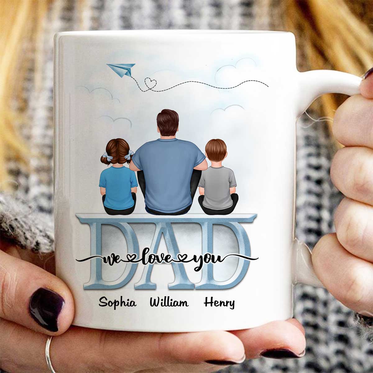Back View Dad And Children Sitting On Word Father's Day Gift Personalized Mug