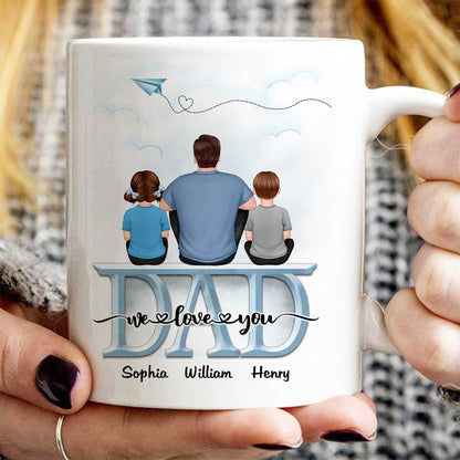 Back View Dad And Children Sitting On Word Father's Day Gift Personalized Mug