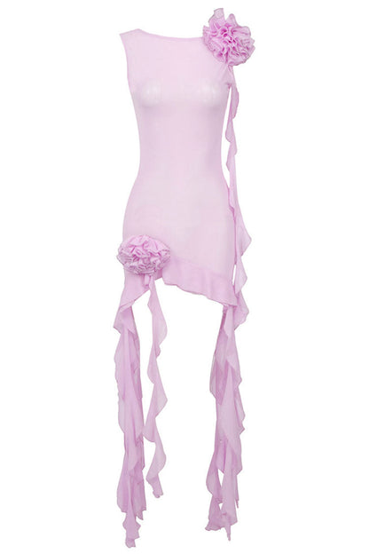 Flowy Ruffle Strap Rosette Corsage Backless Sheer Mesh Mini Dress - Pink