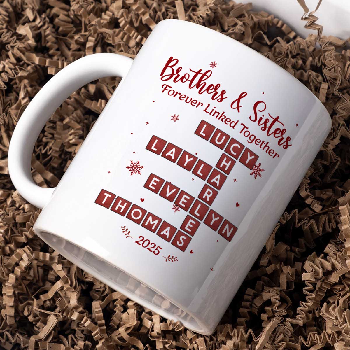 Festive Christmas Brothers Sisters Crossword Puzzle Art - Personalized Mug - Christmas Gift For Siblings, Brothers, Sisters