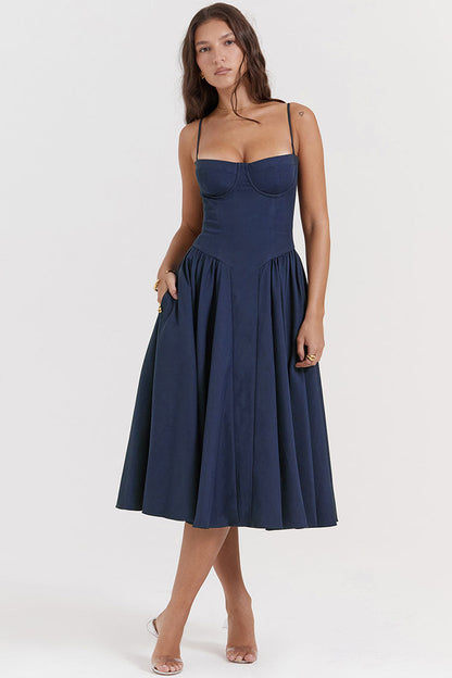 French Bustier Spaghetti Strap Drop Waist Fit & Flare Midi Sundress - Navy Blue