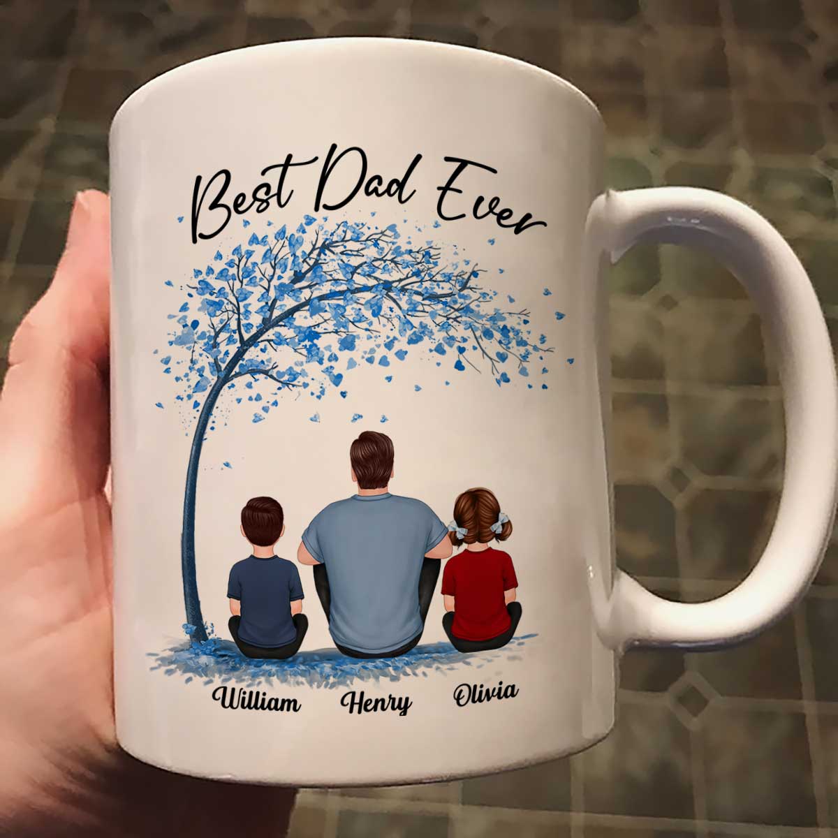Blue Tree Best Dad Ever Back View Man Sitting With Kids Dogs Cats Father's Day Gift Personalized Mug