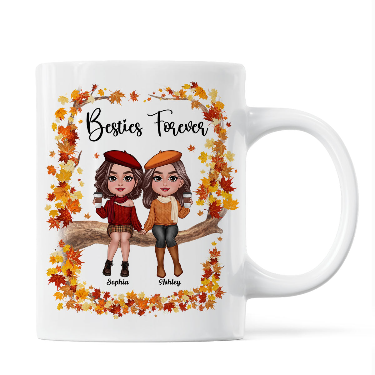 Besties Sisters Sitting On Fall Season Branch Personalized Mug