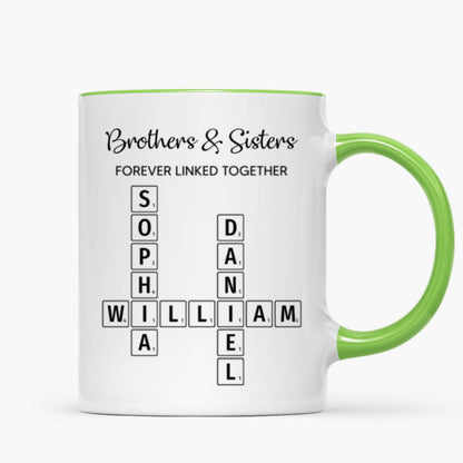 Brothers & Sisters Forever Linked Together Crossword Puzzle Art Personalized Mug, Gift For Brothers, Sisters, Siblings, Family