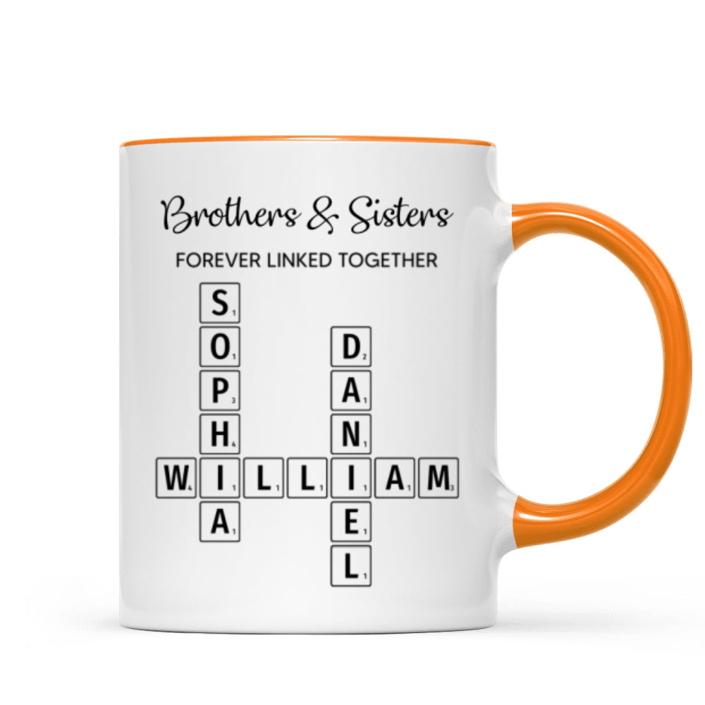 Brothers & Sisters Forever Linked Together Crossword Puzzle Art Personalized Mug, Gift For Brothers, Sisters, Siblings, Family