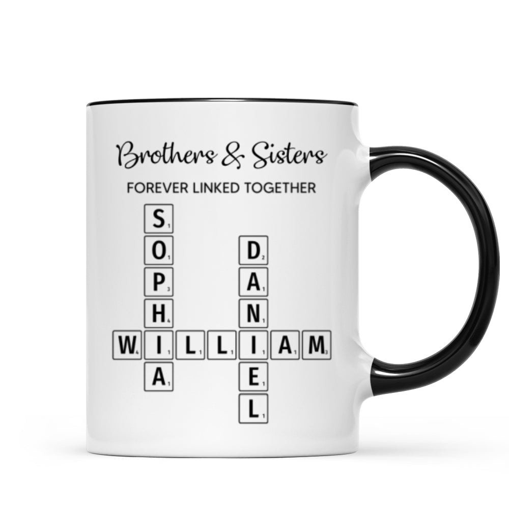 Brothers & Sisters Forever Linked Together Crossword Puzzle Art Personalized Mug, Gift For Brothers, Sisters, Siblings, Family