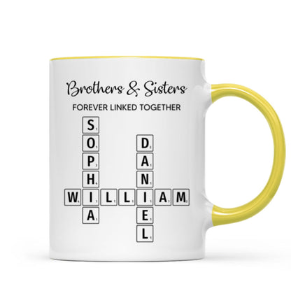Brothers & Sisters Forever Linked Together Crossword Puzzle Art Personalized Mug, Gift For Brothers, Sisters, Siblings, Family