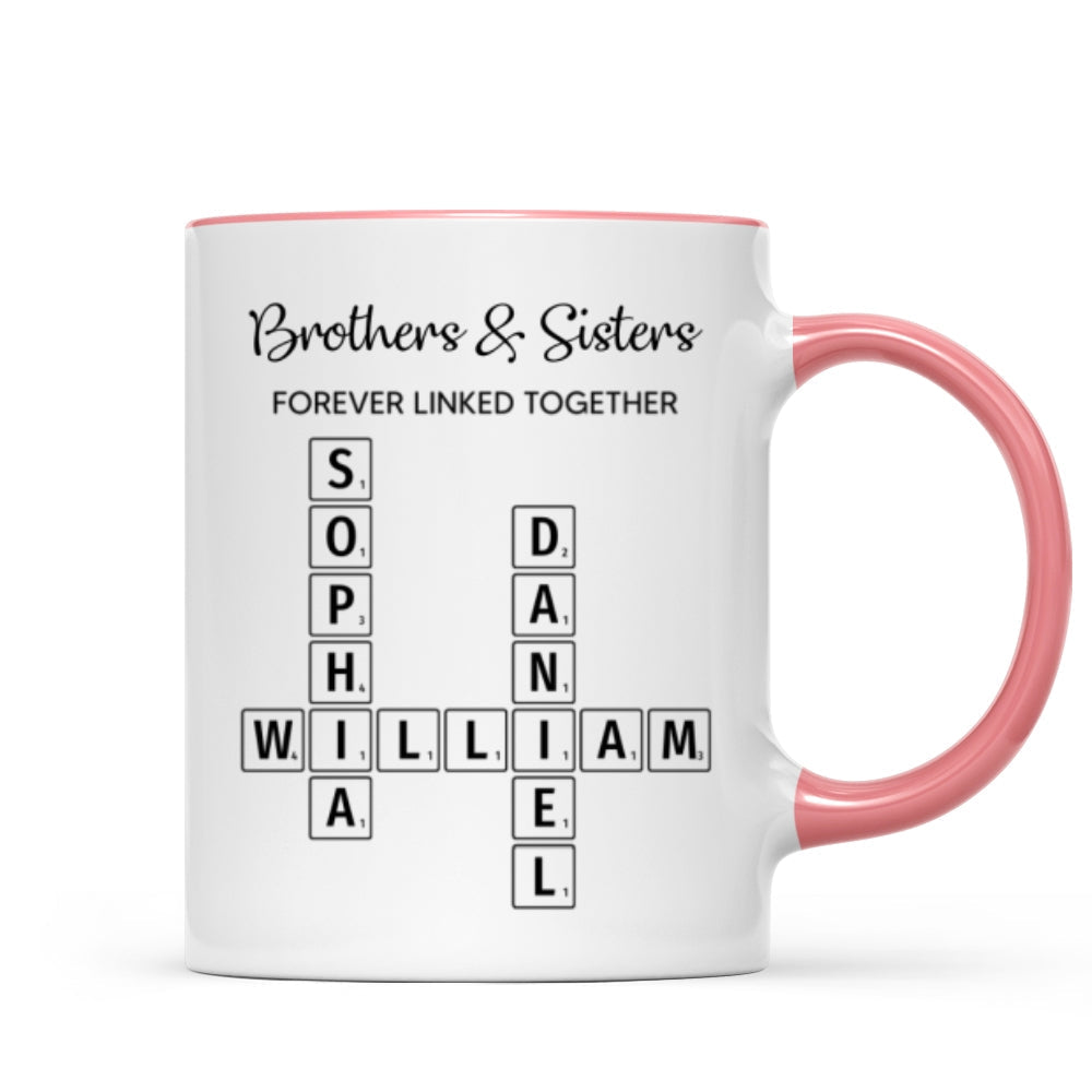 Brothers & Sisters Forever Linked Together Crossword Puzzle Art Personalized Mug, Gift For Brothers, Sisters, Siblings, Family