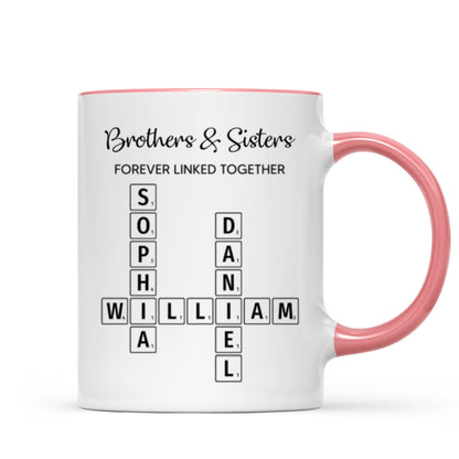 Brothers & Sisters Forever Linked Together Crossword Puzzle Art Personalized Mug, Gift For Brothers, Sisters, Siblings, Family